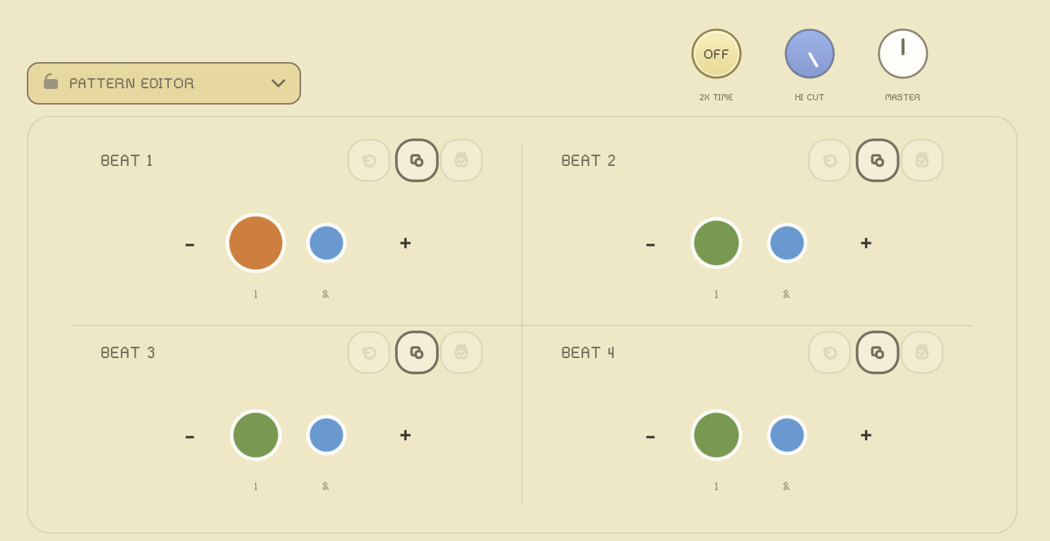 Pocket Click pattern editor showing four beats with adjustable subdivisions