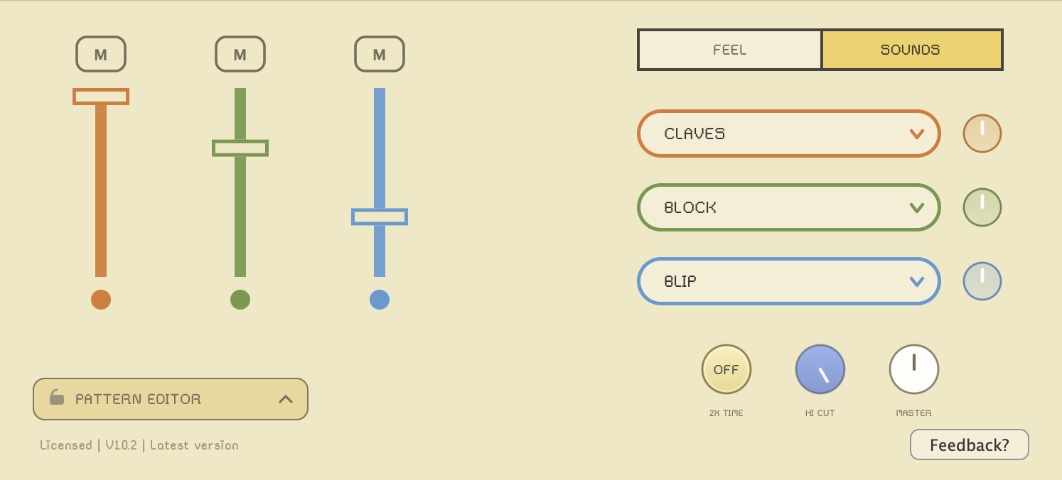 Pocket Click Sounds view with three volume faders, sound selectors and master controls